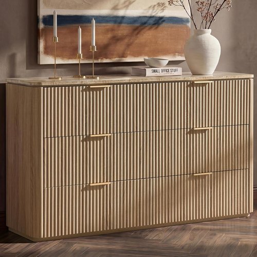 Fluted Dresser with Faux Marble Top - 6 Drawer Chest for Bedroom | Curved Design in Natural Oak