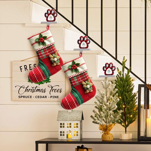 Adecortalk Dog Paw Christmas Stocking Holder with Pendant for Mantel 3D Sliver Metal Pet Paw Stocking Hanger Mantel Buffalo Plaid Stocking Holder for Dog Lover Xmas Fireplace Mantel Table Decorations