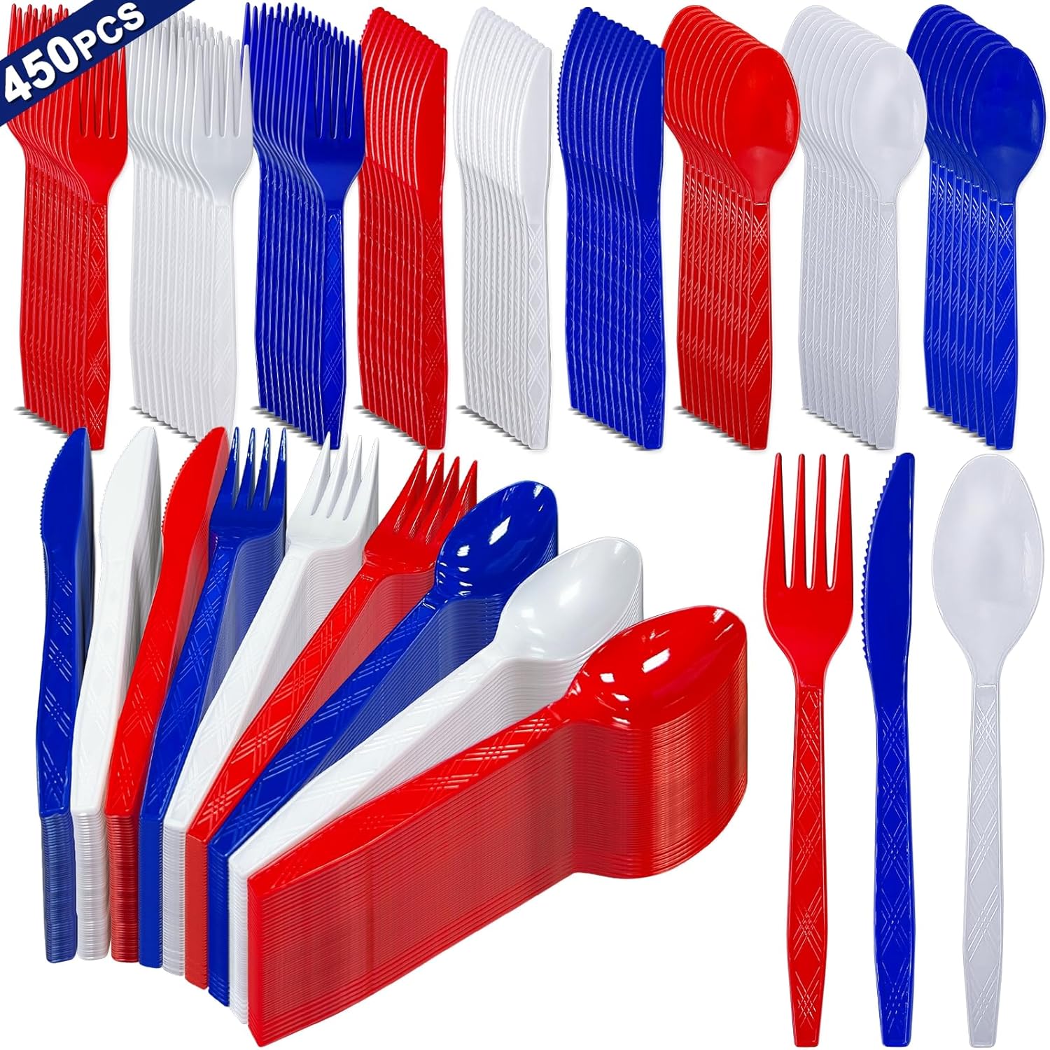 Patriotic American Flag Party Supplies - 450 Pcs Disposable Cutlery Set | 150 Spoons, Forks & Knives in Red, White & Blue