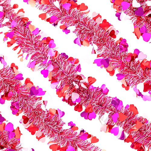 Gloreyan 20FT/6M Valentines Day Tinsel Garland, Red Pink White Heart Metallic Tinsel Twist Garland Hanging Decoration for Valentine’s Day Wedding Birthday Party Supplies