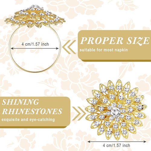 Geiserailie 80 Pcs Gold Flower Napkin Rings Alloy Floral Crystal Rhinestone Bling Holiday Shiny Napkins Ring Holders for Wedding Bridal Valentine's Day Birthday Dinner Party Table Home Decoration