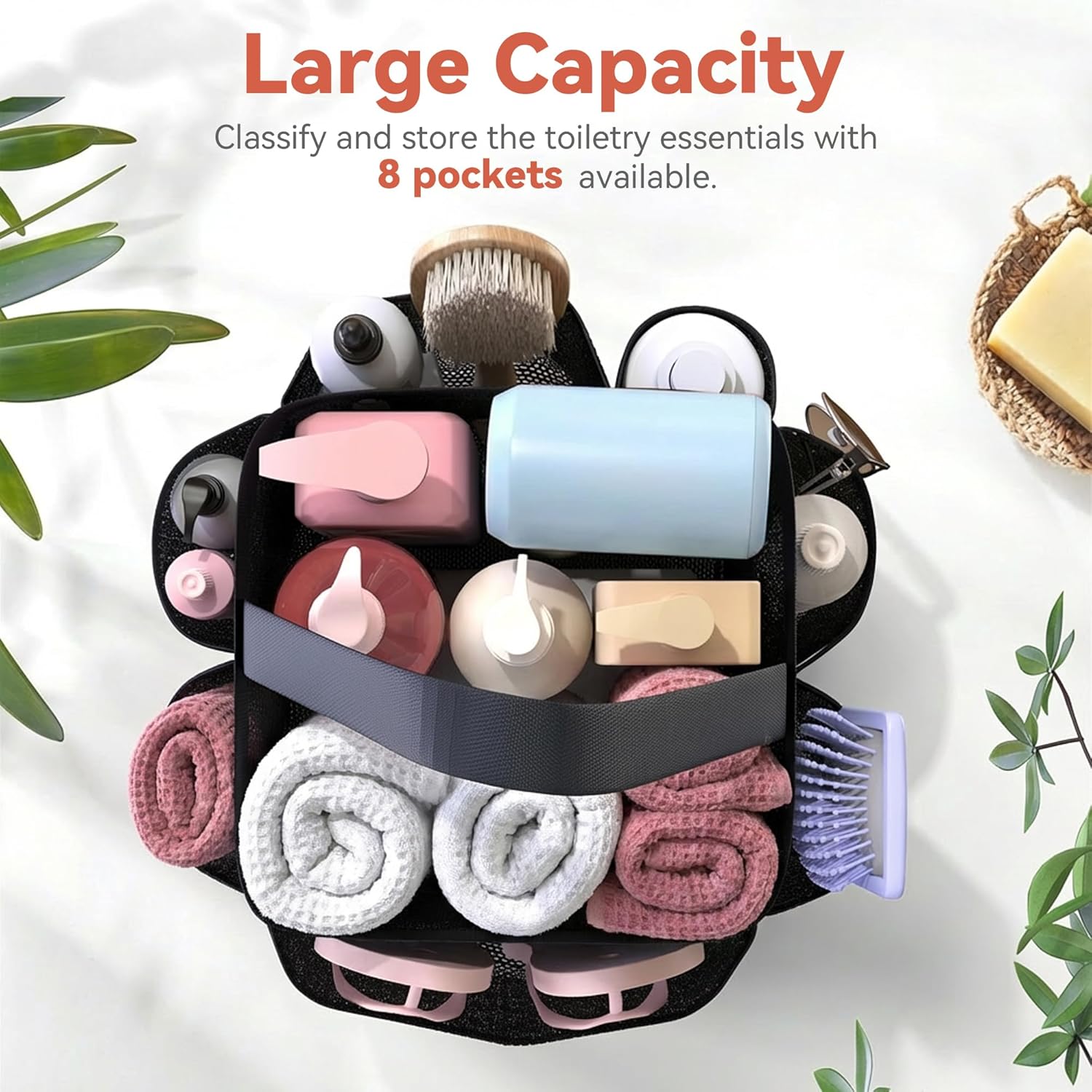 YASONIC Portable Mesh Shower Caddy - 8 Pocket Hanging Organizer for College Dorm Essentials | Black