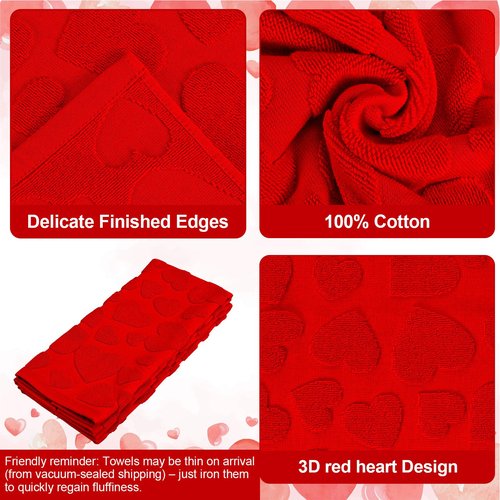 Whaline Valentine's Day Hand Towels Jacquard Cotton Bathroom Towel 3D Red Heart Decorative Absorbent Bath Towel for Kitchen Dish Drying Cleaning Cooking, 29.5 x 13.4 Inch, 2Pcs