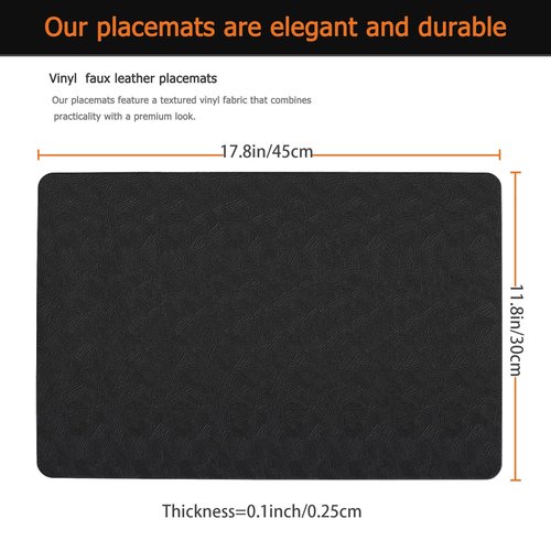 Uolr Vinyl Placemats Set of 8 Faux Leather 100% Waterproof Wipeable Washable Place Mats Heat Resistant Easy Clean Non-Slip Table Mats for Indoor Outdoor. (8,Black)