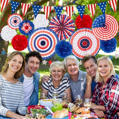 29PCS Patriotic Decorations Set by USA Flag | Red, White & Blue Paper Fans, Pennants & Streamers