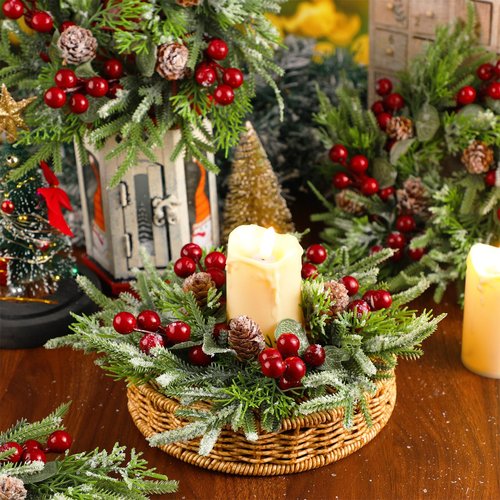 Lyrow 8 Pcs Christmas Candle Rings Wreath Xmas Kitchen Cabinet Mini Wreath Artificial Berries Snowy Pine Candle Ring Holder for Christmas Chandelier Home Table Centerpiece Indoor Decor