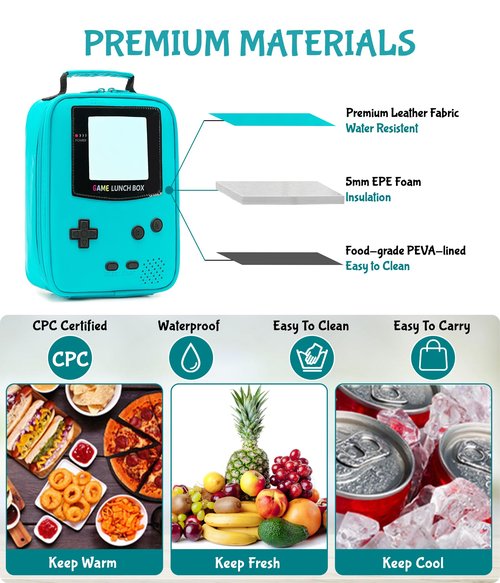 Tongtai Boy Lunch Box,Kids Lunch Bag Insulated Leather Game Lunch Box for School Thermal Meal Cooler Lunch Boxes for Boy Girl Kid Toddler Teen
