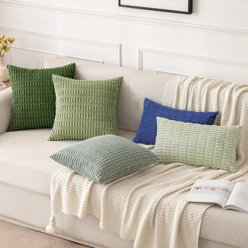 MIULEE Decorative Throw Pillow Covers - Soft Boho Striped Corduroy | 18x18 Inch, Pack of 2, Moss Green