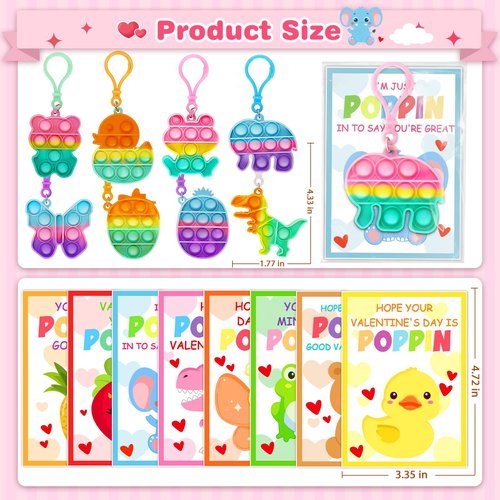 Jumlys Valentines Day Cards for Kids School, 24 Pack Pop Fidget Keychains Bulk, Valentine Day Party Favors for Boys Girls, Ideal Exchange Cards for Classroom