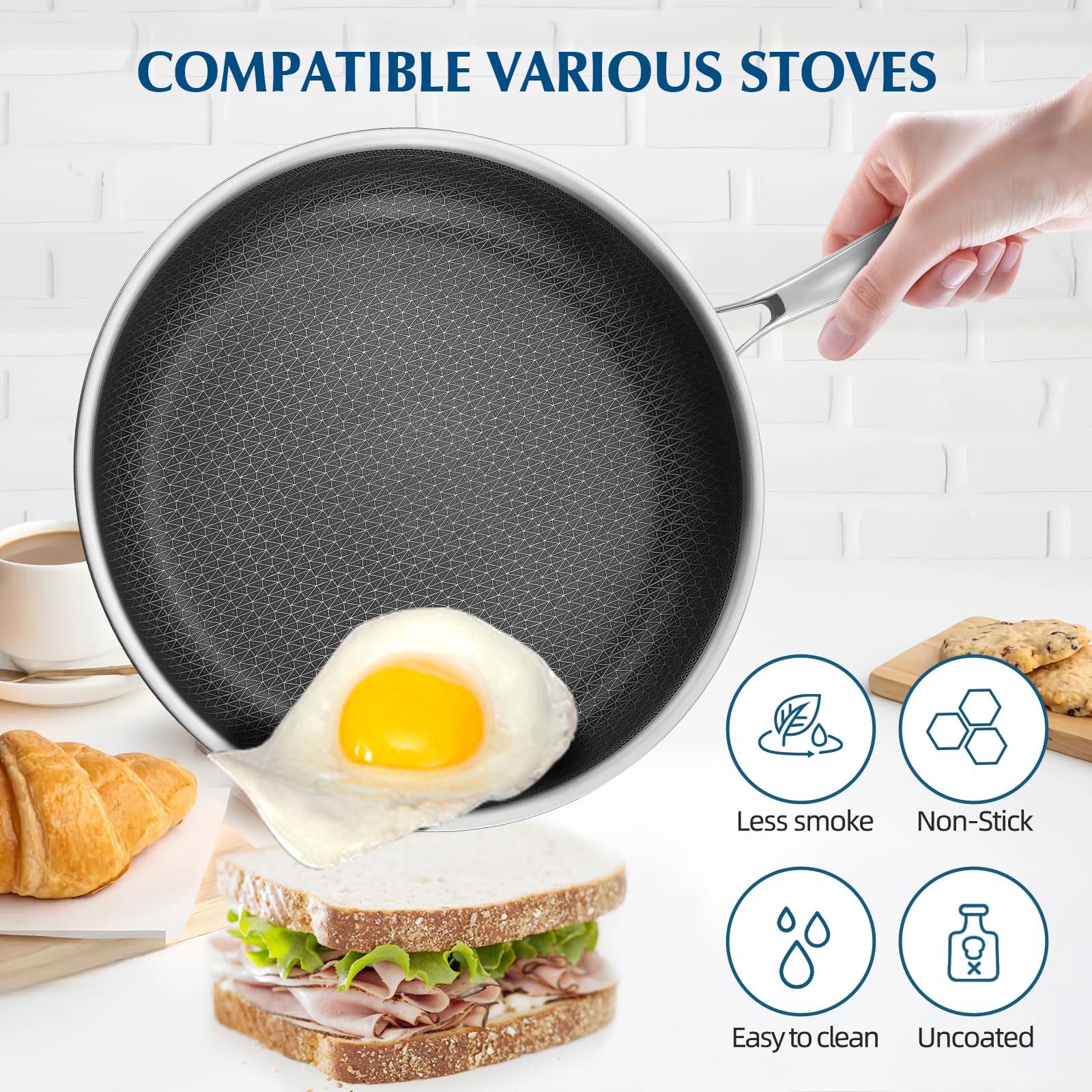 Dingerkit Nonstick Frying Pans, 12 inch Stainless Steel Frying Pan Non Stick with Honeycomb for Kitchen and Camping - Dishwasher and Oven Safe Skillet, Induction Gas Ceramic Cookware.