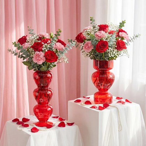 Acellegic 2 Pcs Valentine's Day Red Glass Bud Vase Table Centerpiece Red Heart Transparent Glass Vase Valentines Home Indoor Decor Table Decor for Proposal Valentine Gifts Mothers Day Bridal Shower