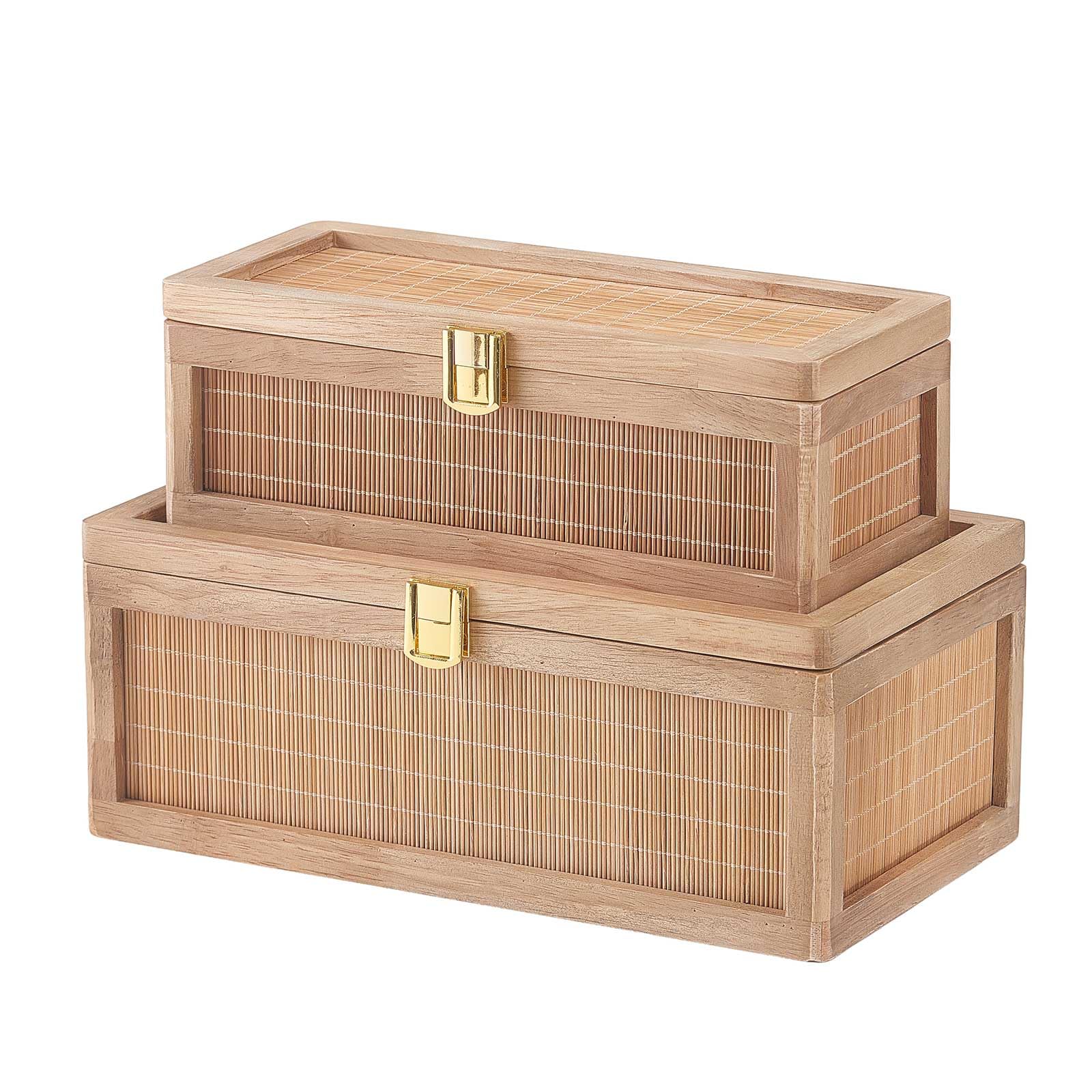 HuiDao Rattan Decorative Box, Boho Display Boxes with Lids, Set of 2 Rectangular Wicker Storage Basket, Natural Woven Cane Bins for Home Decor (Round)