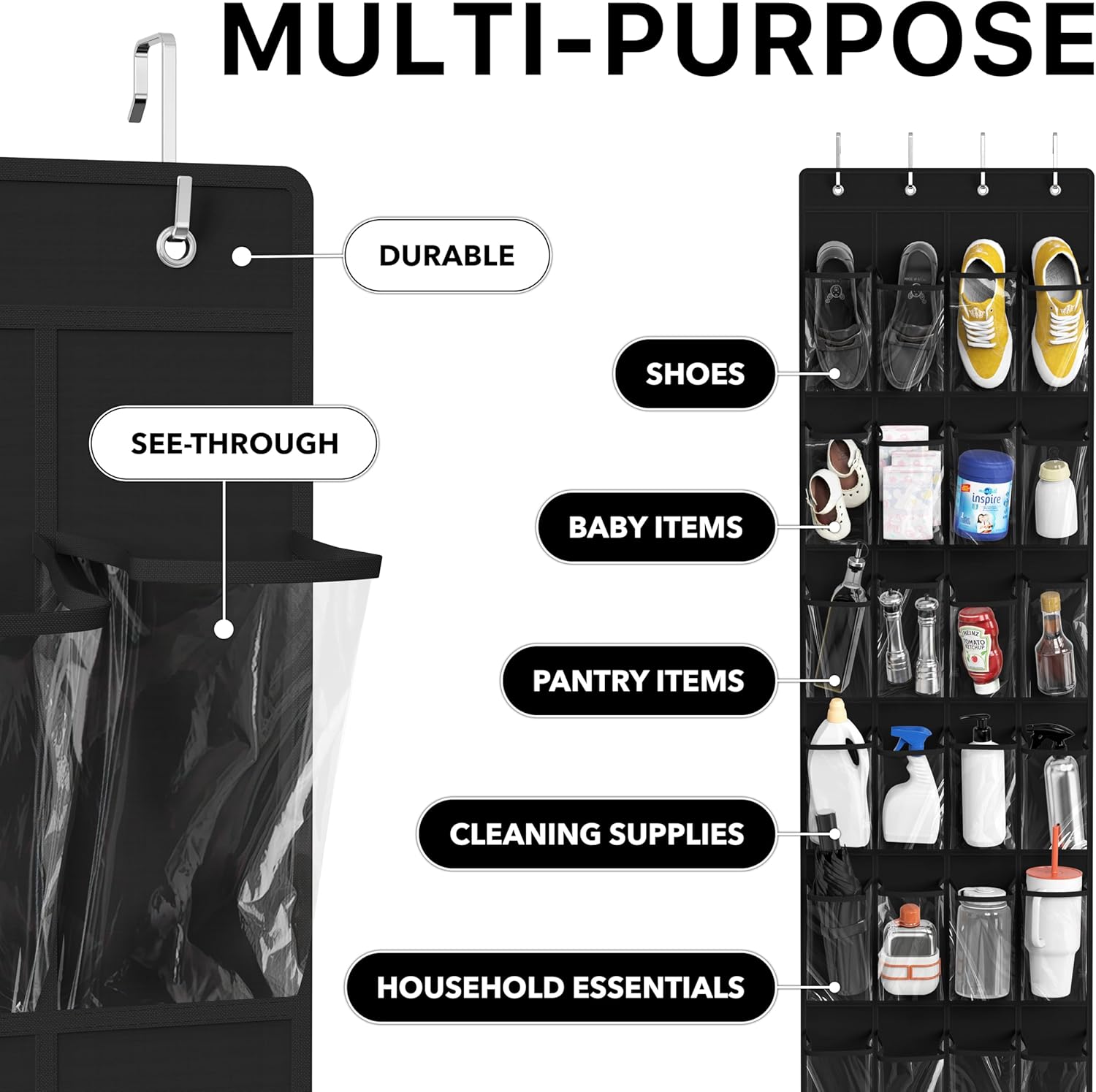 Simple Houseware 24-Pocket Over The Door Shoe Organizer - Crystal Clear, Black (64'' x 19'')