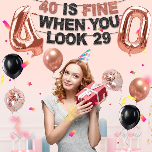 Yatufom 40th Birthday Decorations for Women, Pre-Strung 40 Is Fine When You Look 29 Banner, Number 40 Balloons Cake & Cupcake Toppers Party Supplies Kit, 40 Year Old Birthday Party Decorations