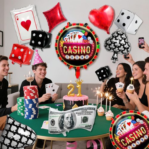 16 Pcs Casino Balloon Set, Jumbo Dice Balloon, Poker Card Balloons Heart, Diamond, Spade, Club, Dollar Sign Ballons, Game Night Ballons for Texas Poker Parties Decor, Las Vegas Themed Party Supplies