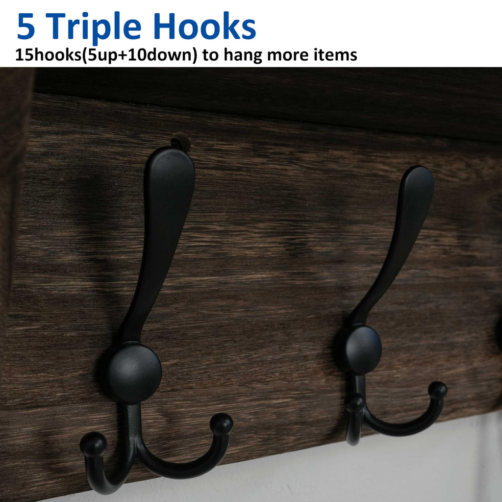 WEBI Coat Rack Wall Mount with Shelf,24" Long Wall Shelf with Hooks Underneath,5 Triple Hooks for Entryway,Hallway,Bedroom,Weathered Brown