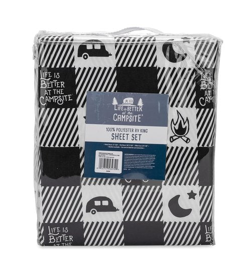 Camco Life is Better at The Campsite Camper/RV King Sized Bed Sheet Set | Features Camping Theme Design on Buffalo Plaid Pattern | Crafted of Soft Machine Washable Polyester | 4-Piece Set (53474)