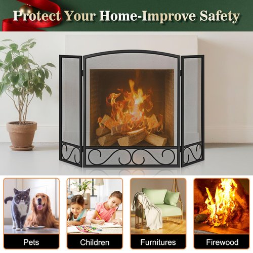 FEED GARDEN 3 Panel Fireplace Screen Wrought Iron 48" W x 29" H Foldable Heavy Duty Fire Spark Guard Cover with Metal Decorative Mesh for Living Room, Home Decor Indoor, Black