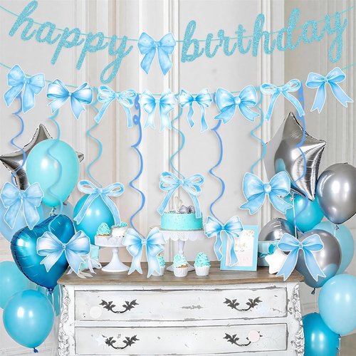Blue Bow Birthday Banner Garland with Hanging Swirls for Baby Blue Bow Party Decor Coquette Birthday Decorations