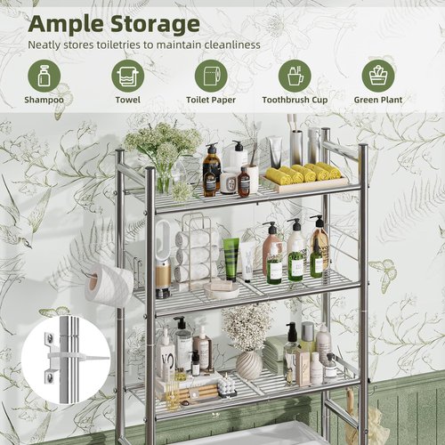 Simple Trending 3 Tier Over The Toilet Rack, Bathroom Shelves with 4 Hooks and Paper Holder, Bathroom Stand Organizer Space Saver, Chrome