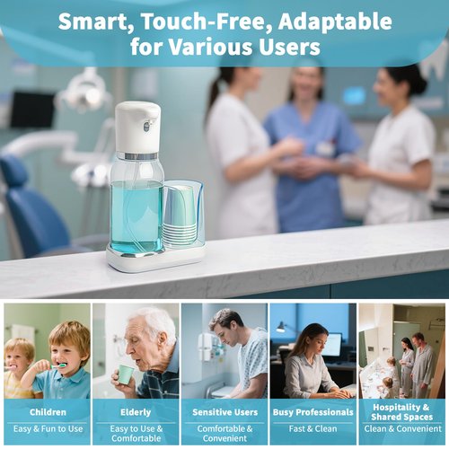 WannSenn Automatic Mouthwash Dispenser for Bathroom Set, Smart Electric Mouthwash Dispenser with Cup Holder, 25oz Mouthwash Container, Rechargeable, Suitable for All Age Groups, White