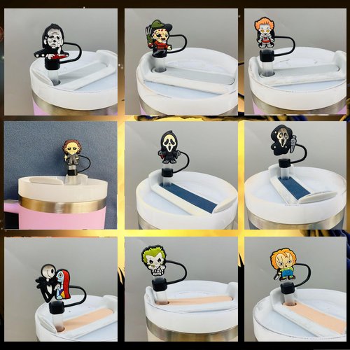 12PCS Halloween Straw Toppers for Stanley Cup, Silicone Horror Straw Cover for Stanley 30&40 Oz Tumbler with Handle, 10mm 0.4in Dust-Proof Reusable Straws Tips for Halloween Gifts