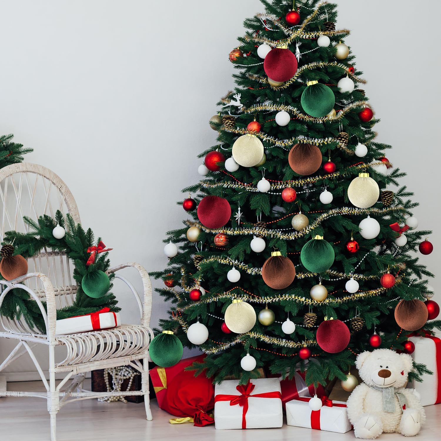 Velvet Christmas Tree Ornaments - 15 PCS Large Shatterproof Baubles | Flocked Multi-Color Decor