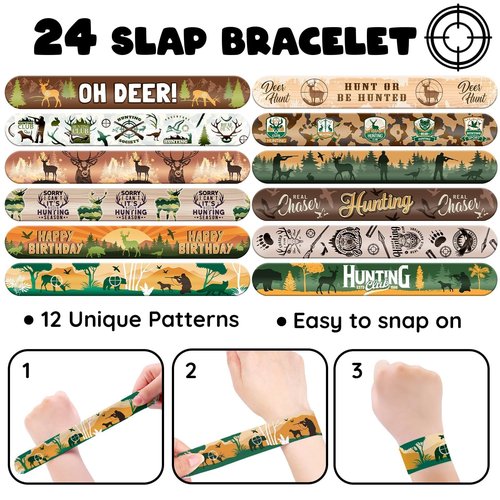 60 PCS Hunting Party Favors Set - 36 Temporary Tattoos & 24 Slap Bracelets for Kids, Perfect for Hunting Birthday Party Decorations, Baby Shower and Outdoor-Themed Supplies