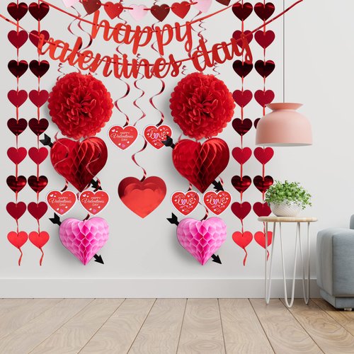 JOYIN 20 Packs Valentine’s Day Swirl String Cutout with Garland , Party Decoration Kit with Banner, Cutouts Swirls Garland, Tissue Fans &Poms for Valentines Party Supplies, Decor Wedding Anniversary