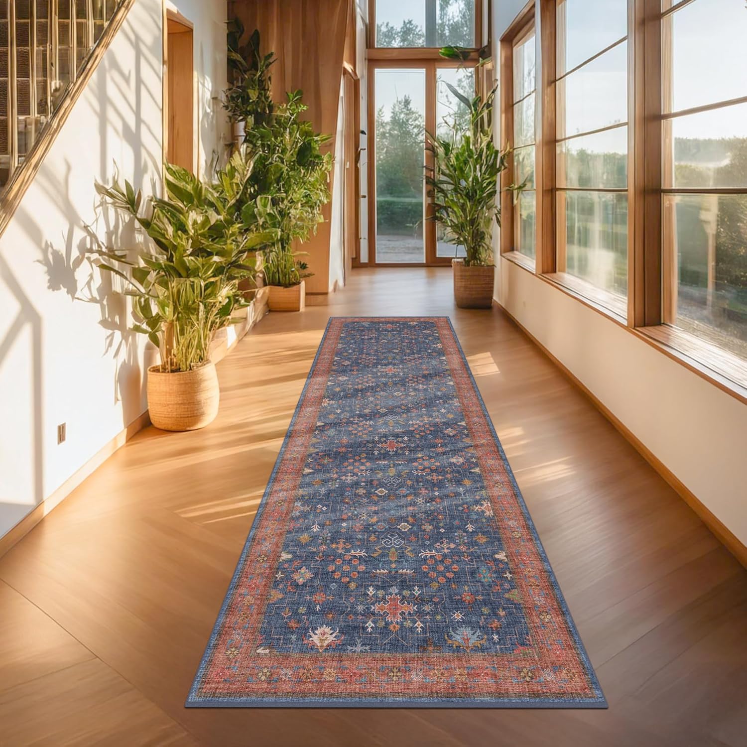Skiennix Washable 10 Ft Long Hallway Runner Rug - Navy Blue, Pet-Friendly & Waterproof with Non-Slip Rubber Backing