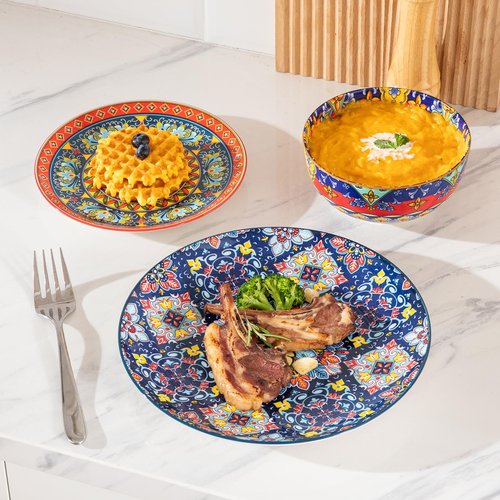 Sweejar Ceramic Dinnerware Sets for 4,12 Pieces Boho Plates and Bowls for Kitchen,Housewaring Gift,Bohemian Style Dish Set,Dishwasher and Microwave Safe(Colorful)