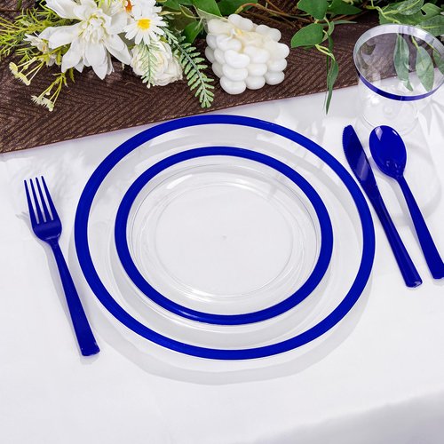 I00000 350 Pcs Dark Blue Plastic Plates,Clear Disposable Plates for 50 Guests,Blue Dinnerware Include 50 Dinner Plate 50 Dessert Plate,50 Cups,50 Pre Rolled Napkins with Cutlery Set for Party,Wedding
