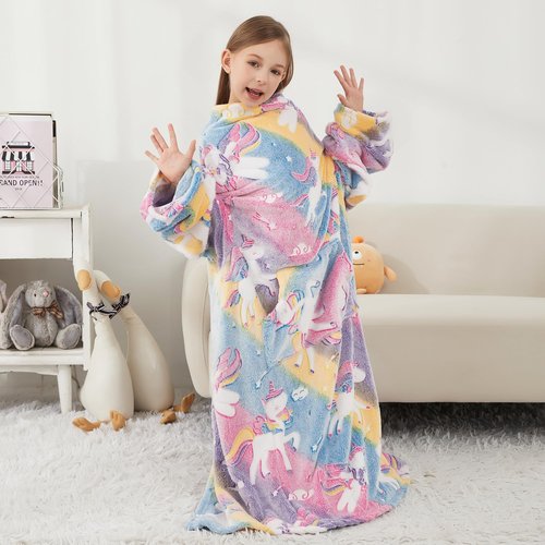 Softan Kids Snuggies Wearable Fleece Blanket with Sleeves & Foot Pocket for Kids Girls Boys, Lightweight Soft Blanket,Glow in the dark Rainbow Unicorn