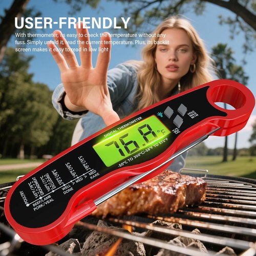 AWLKIM Digital Meat Thermometer - Instant Read Waterproof Cooking Thermometer with Backlight - Red