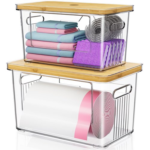 2 Pack Trash Bag Holder with Bamboo Lid, Stackable Acrylic Trash Bag Dispenser Roll Holder Under Sink, Plastic Container Garbage Bags Storage Organizer for Kitchen, Pantry, Laundry Room Organization