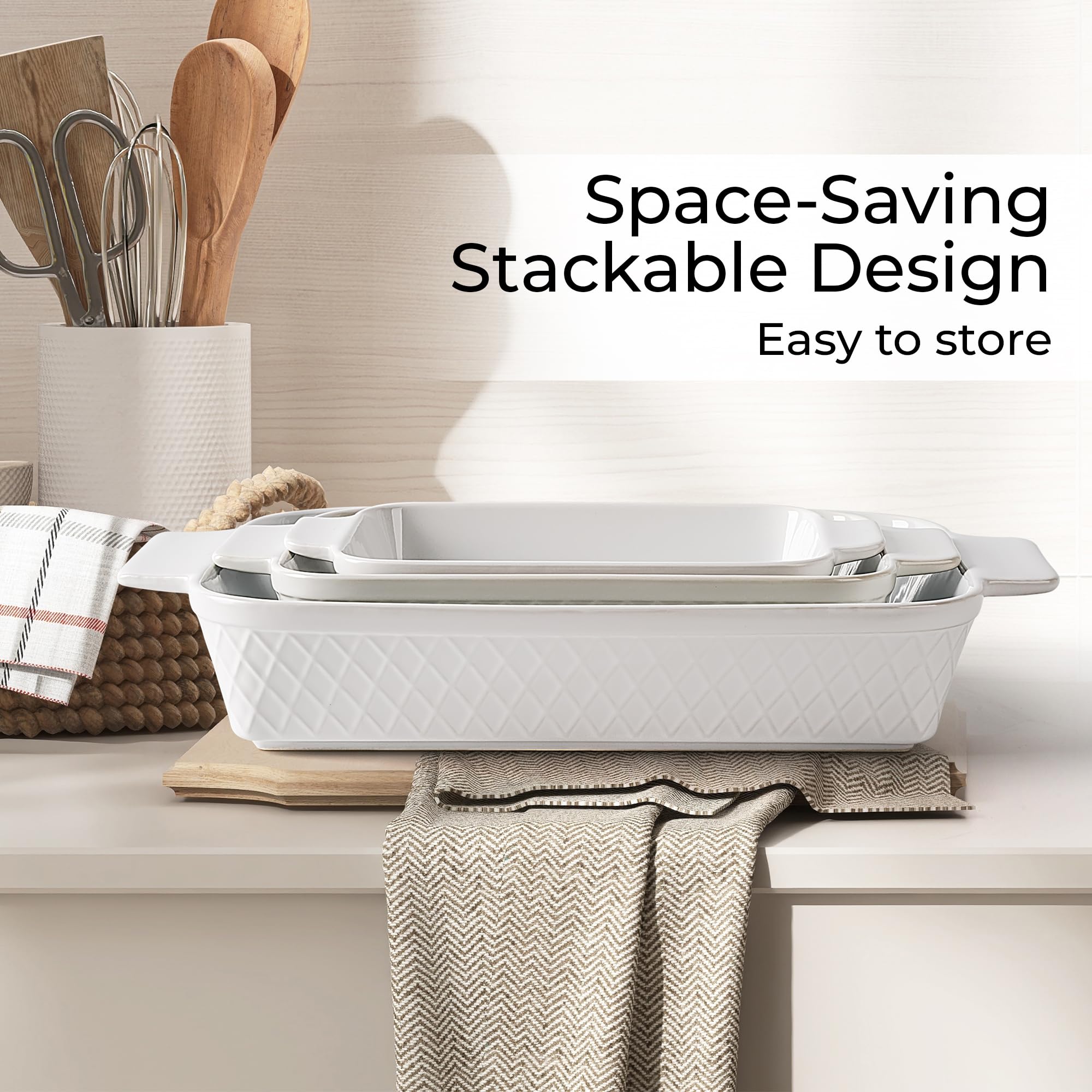 MIAMIO - Casserole Dish Set of 3 / Ceramic Rectangular Baking Pan, 3-Piece Stackable Bakeware Sets, 3.2 Quart - Dishwasher and Oven Safe - Palmanova Collection