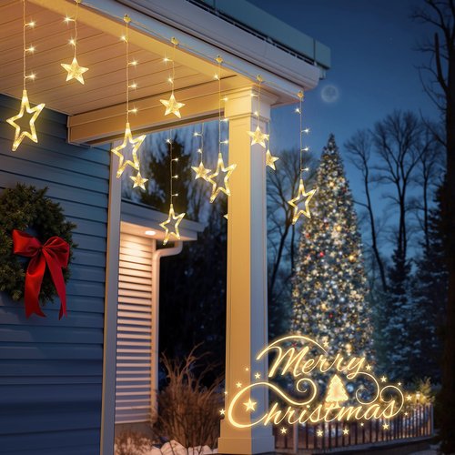 MYGOTO 126L Warm White Star Icicle Lights, 8.2FT Clear Curtain Fairy String with Connectable, Timer 8 Modes Memory, Waterproof Hanging for Christmas,Ramadan,Party,Wedding Indoor Outdoor Decorations