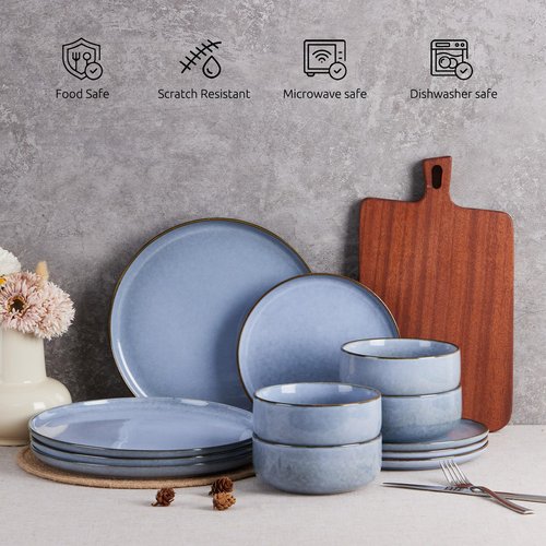 E-far Dinnerware Sets for 6, 18-Piece Plates and Bowls Set, Reactive Glaze Dishes, Stoneware Dinning Ware Set, Microwave & Dishwasher Safe - Ocean Blue
