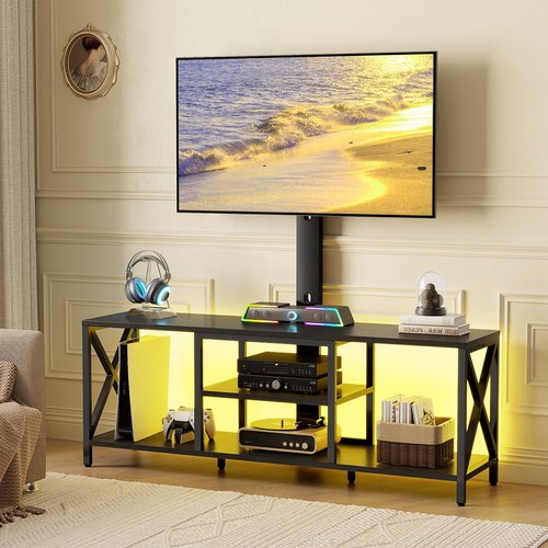 Flycity TV Stand with Mount and LED Lights, Universal TV Stand Mount for 32-75 inch TV, Entertainment Center with Storage, Metal TV Console Table Height Adjustable TV Stands for Living Room, Black