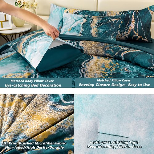 PERFEMET 6-Piece Bed in A Bag Queen Set Aqua Gold Watercolor Marble Comforters with Sheet Soft Luxury Retro Artwork Green Tie Dye Bedding Comforter Set(Aqua, Queen)
