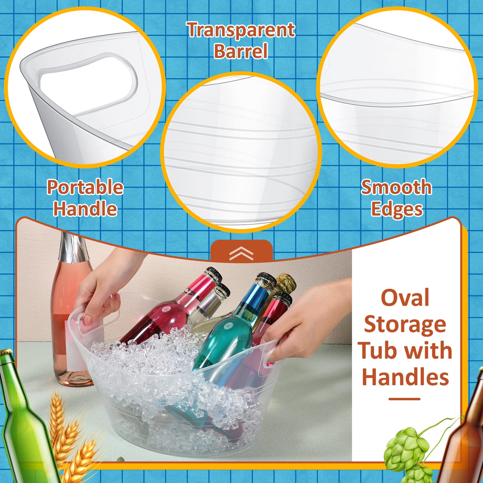 Norme 24 Pcs Oval Storage Tub with Handles, 4.5l Plastic Ice Buckets Bulk for Wine Beer Champagne Drink Cooler Beverage Storage Tub for Parties BBQ Weddings Party Outdoor Celebration(Clear)