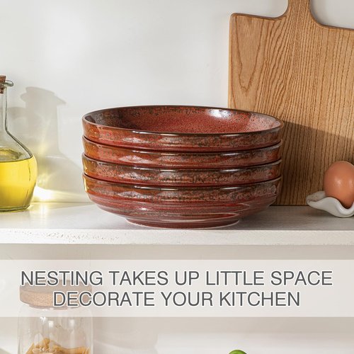 HAPPY KIT 9'' Large Pasta Bowls, 42 Oz, Stoneware Reactive Glaze Salad Bowl Set of 4, Ceramic Serving Bowls for Fruit,Soup,Noodle, Dinner, Scratch Resistant, Rust Red