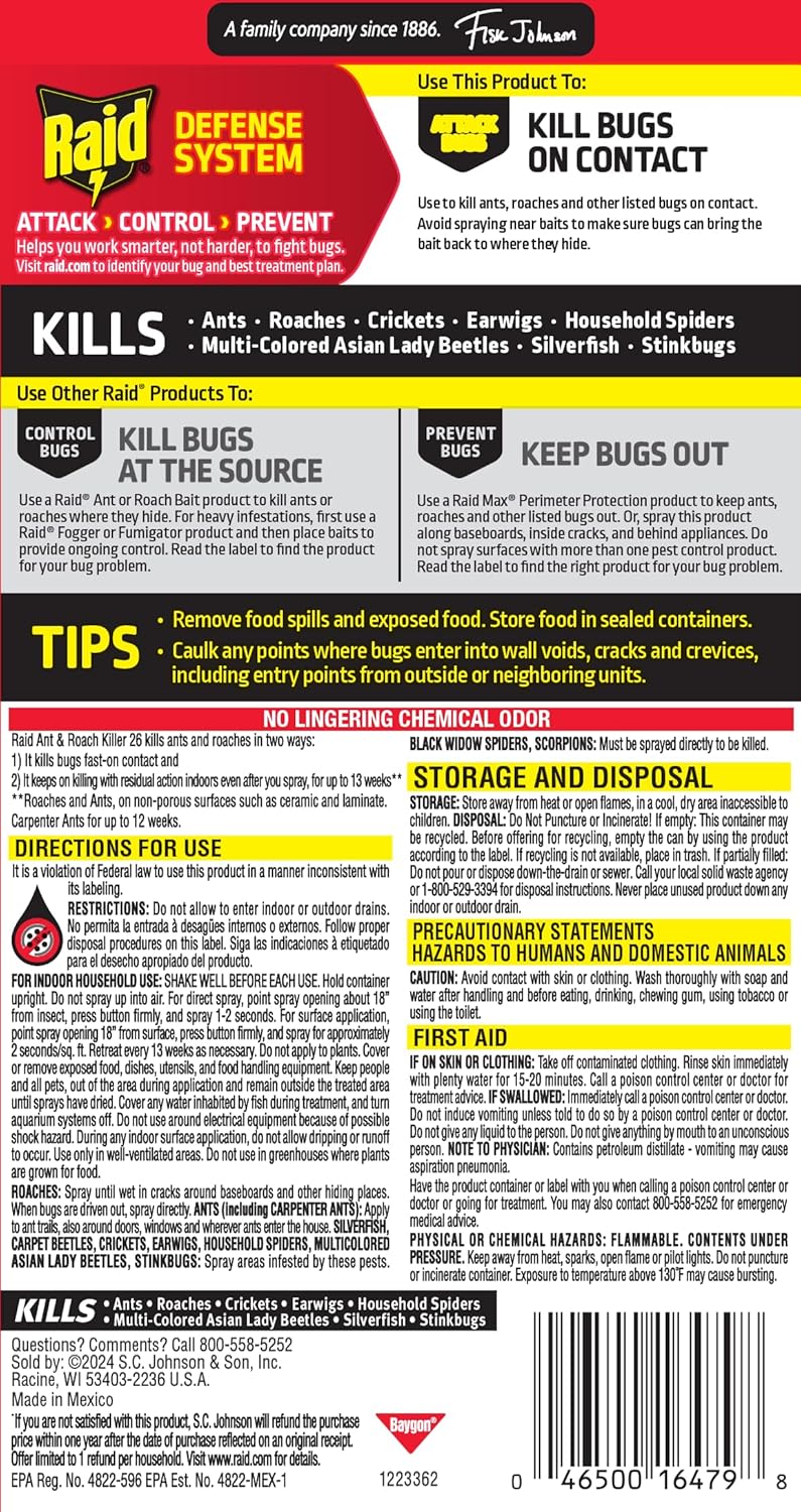 Raid Ant & Roach Killer Spray - Long-Lasting Lemon Scent Formula for Effective Bug Control, 17.5 oz