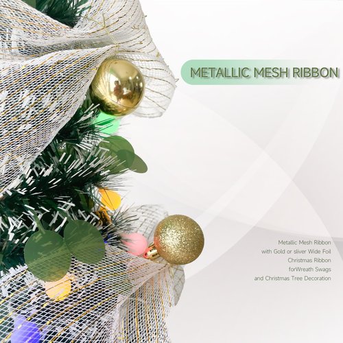 5FT Pop-Up Christmas Tree with 10-inch X 1.6 Feet Metallic Mesh Ribbon, Multi-Color 50 LED String Lights，10 Decorative Balls for DIY, Ideal for Indoor/Outdoor Christmas Decoration