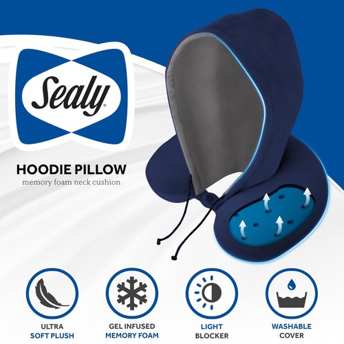 Sealy, Infused-Gel Hooded Travel Pillow with Airflow Memory Foam, Tailored Just for You with Contoured Support, The Ultimate Rest for Flights, Rides, and Your Home, Blocks Cold Drafts, Navy