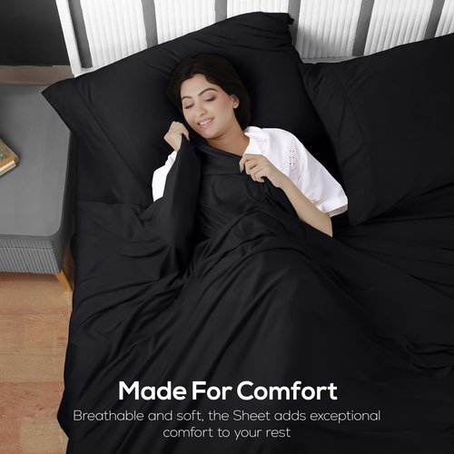 Utopia Jersey Knit 4-Piece Queen Sheet Set Cotton Sheets Soft, Stretchy T-Shirt Fabric (Queen, Black)