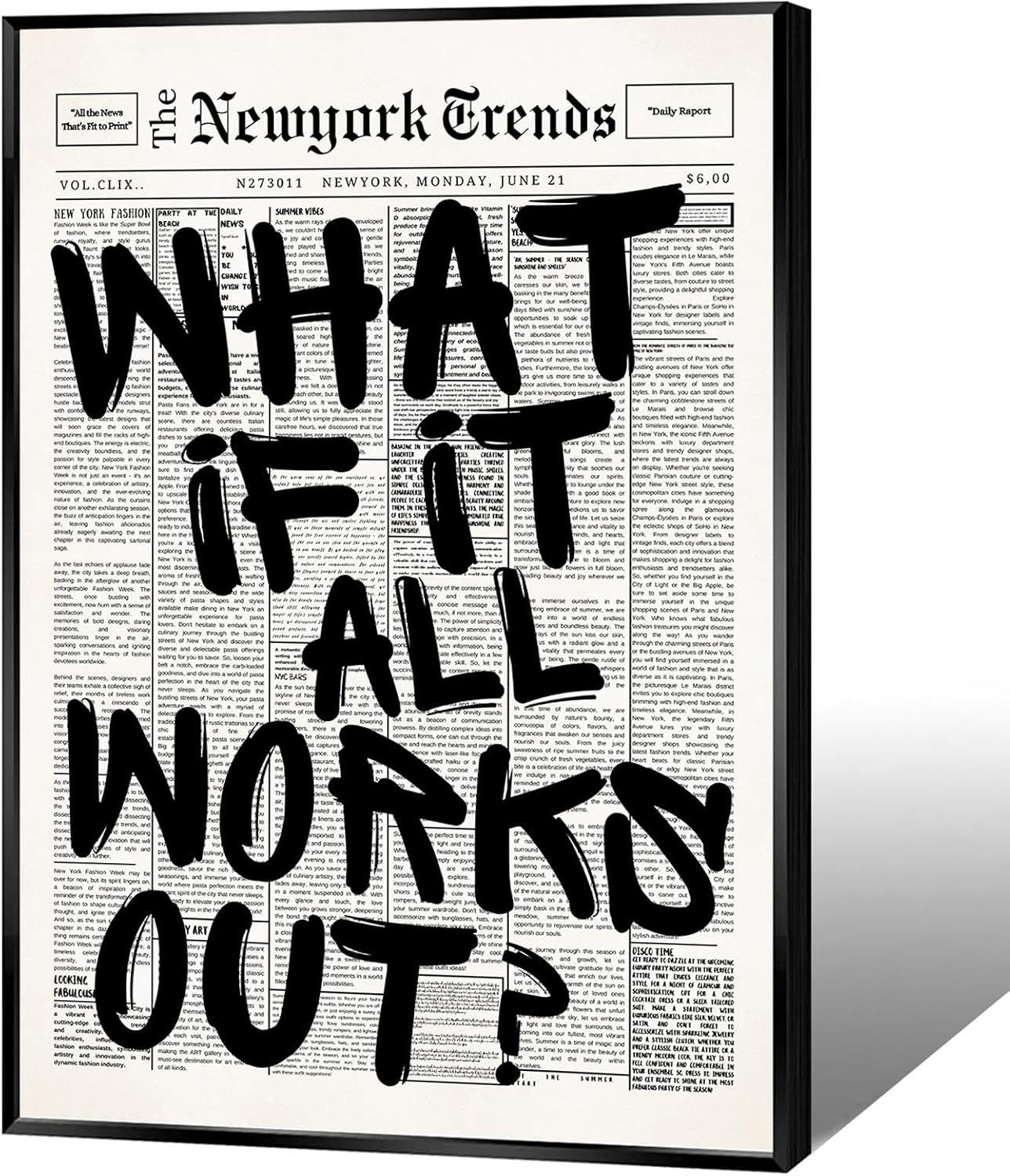 Skiennix Retro Black and White New York Newspaper Canvas Art - Positive Affirmation Wall Decor | 8x12in