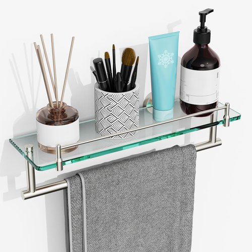 KOCOK Floating Tempered Glass Bathroom Shelf with Towel Bar - Brushed Nickel & Stainless Steel, Wall Mount 16 Inch