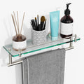 KOCOK Floating Tempered Glass Bathroom Shelf with Towel Bar - Brushed Nickel & Stainless Steel, Wall Mount 16 Inch