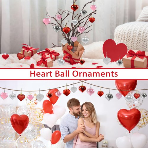 48PCS Heart Ornaments for Valentines Day Decorations, 2 Sizes Heart Shaped Ornaments for Christmas Valentine Tree, Red Pink Silver Glitter Hearts Hanging Decorations for Valentines Day Decor